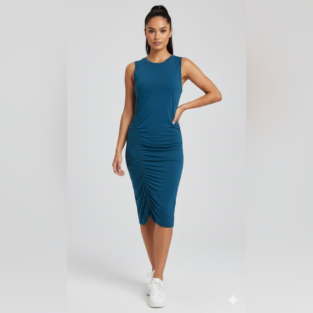 Athleta Teal Ruched Midi Dress